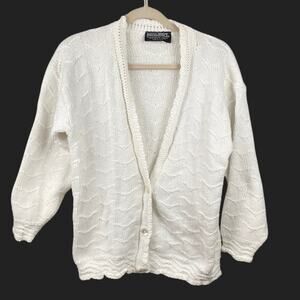 Vintage Womens L White Scallop Chunky Knit Cardigan Cottagecore Coastal Grandma